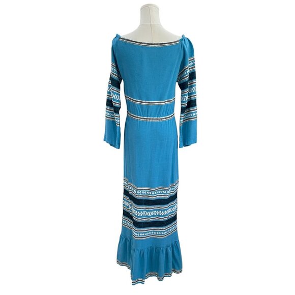 Greek Bohemian Cottagecore Blue Maxi Dress Ethnic Embroidered Prairie Festival - Picture 8 of 14
